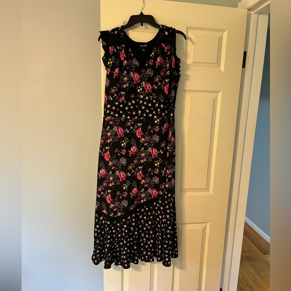 Roz & Ali floral jersey stretch midi dress Dressbarn black pink formal wedding L